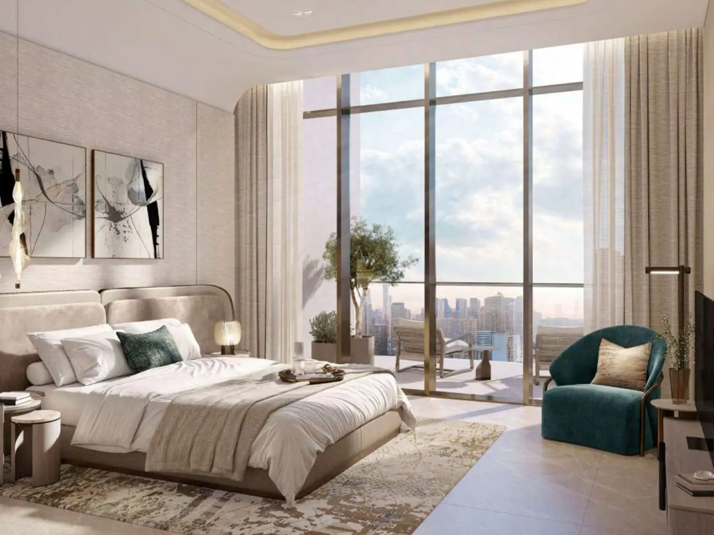 A modern bedroom with a large bed, floor-to-ceiling windows, and a city view. The room is decorated in neutral colors with a teal chair.