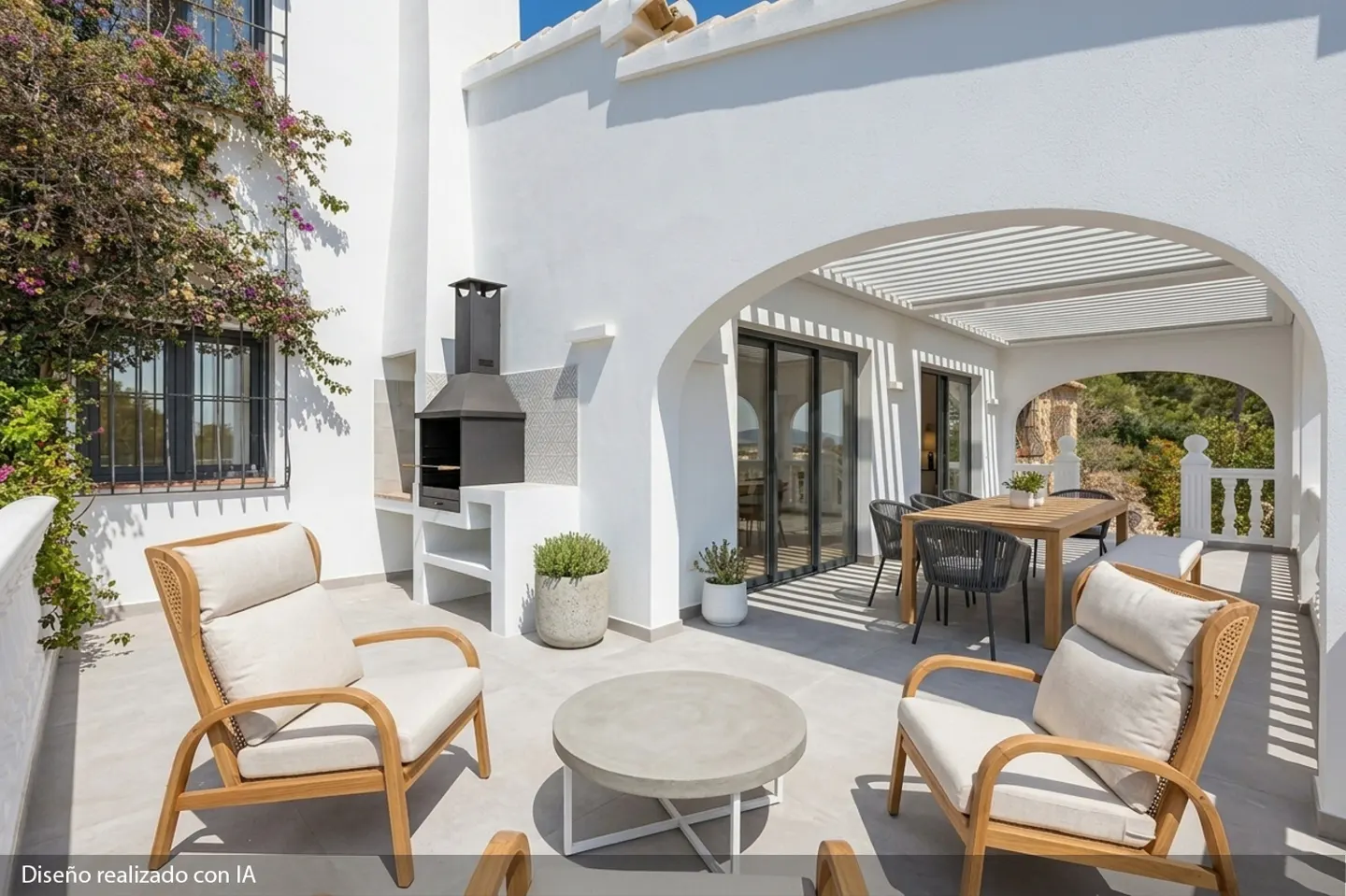 Outdoor patio with white walls, archways, and a pergola. There are wooden chairs, a table, and a built-in grill. Bougainvillea climbs the wall.