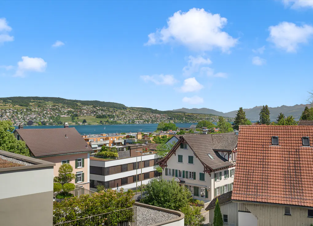 Elevated view of a Swiss town with traditional houses, a lake, and distant mountains under a bright blue sky.