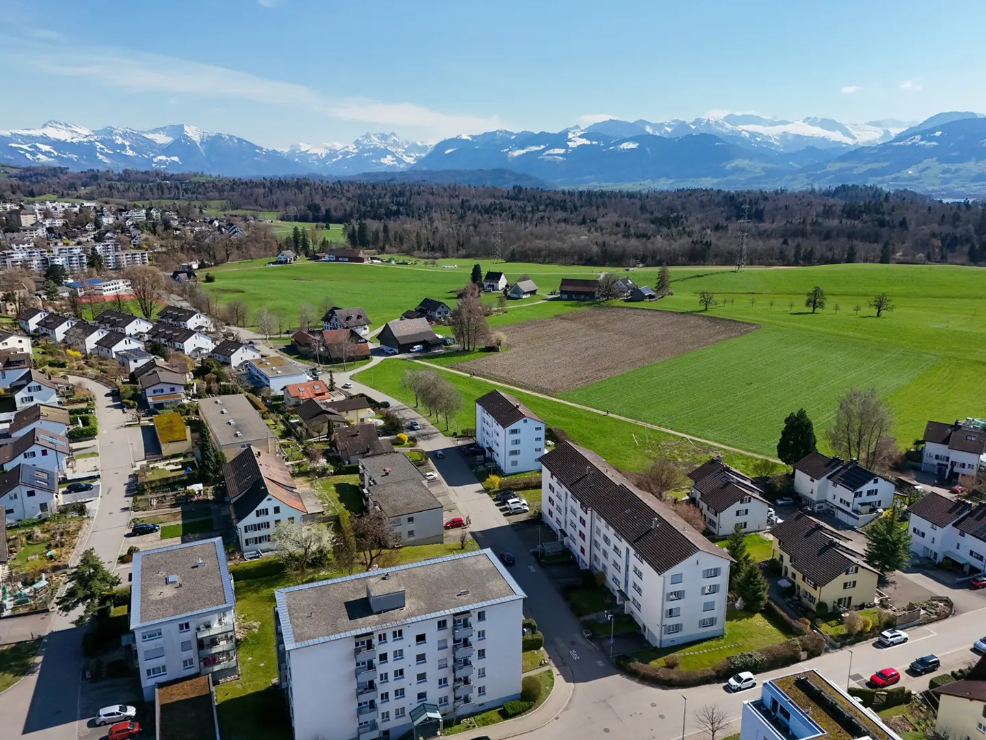 Aerial view of a residential area with houses, green fields, and snow-capped mountains in the background on a sunny day.