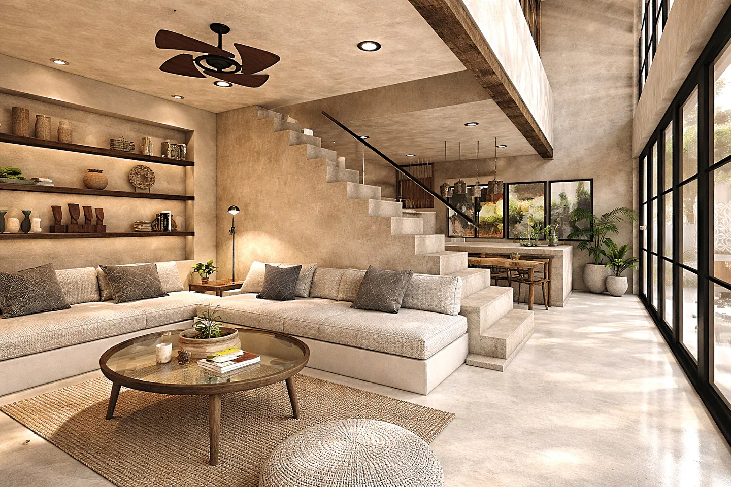 Beige living room with a ceiling fan, a sectional sofa, a round coffee table, and open shelves. Stairs lead to a dining area with black framed windows.