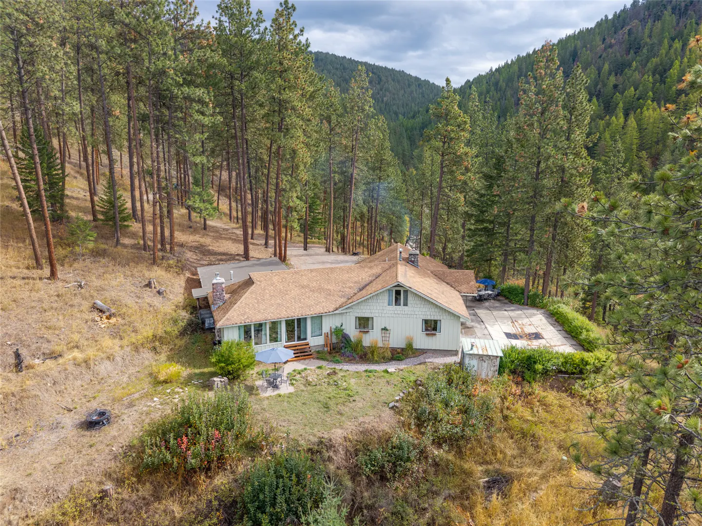Aerial view of a light green house with a brown roof, surrounded by tall pine trees and a grassy landscape.