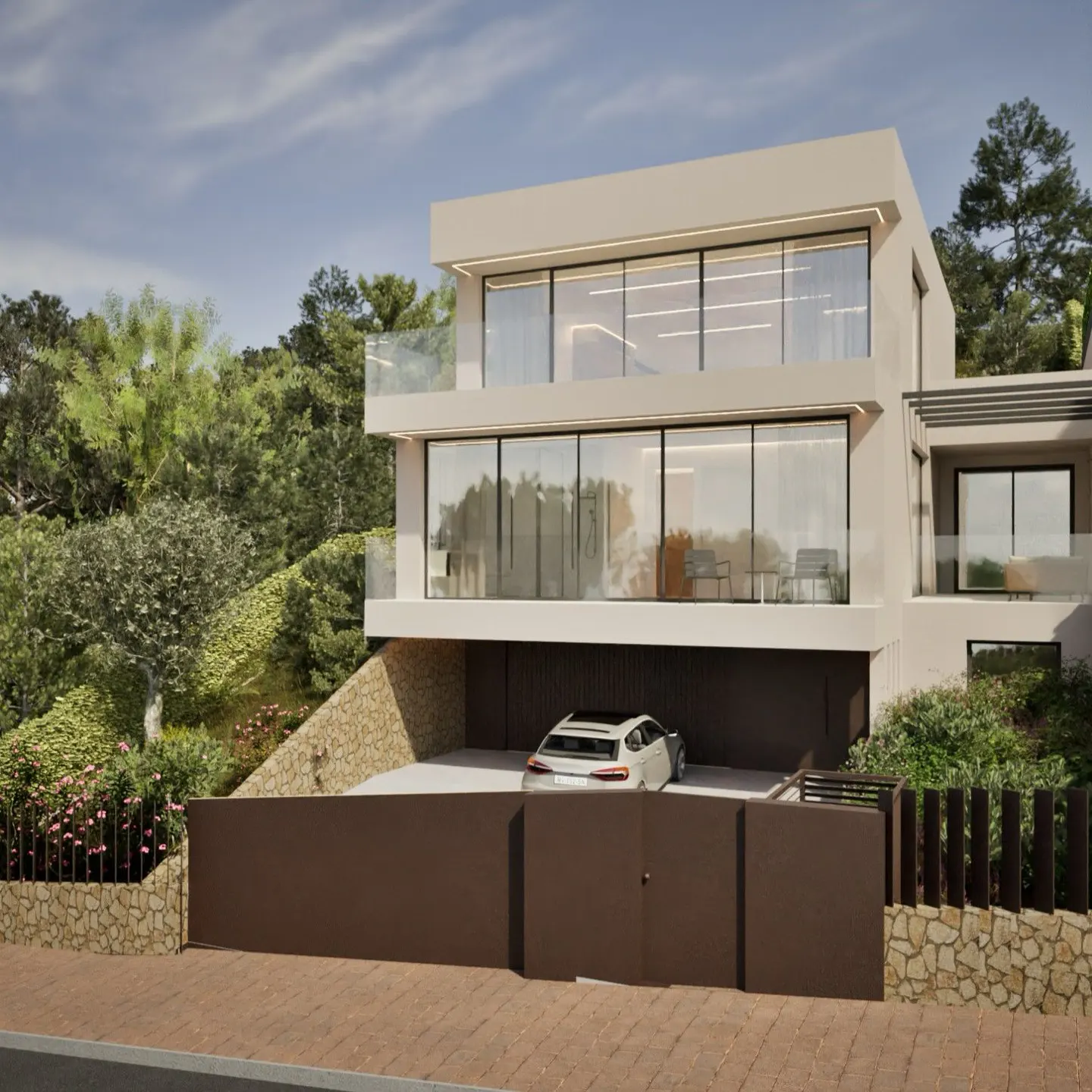 Modern two-story house with large windows, a car parked in the garage, and a brown gate in front. Trees in the background.
