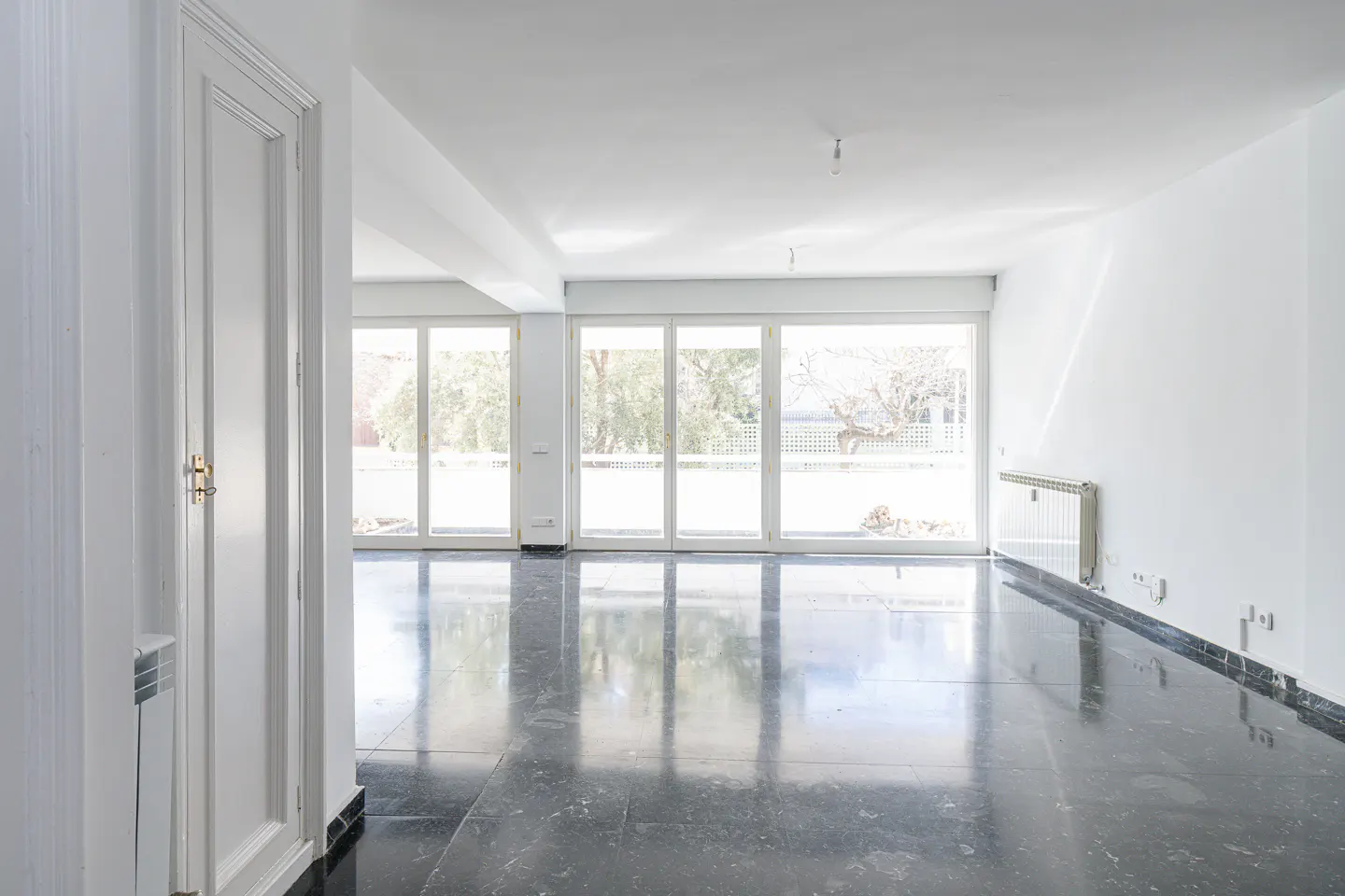 Bright, empty room with black marble floor, white walls, and large windows showing trees outside. A white door is on the left.
