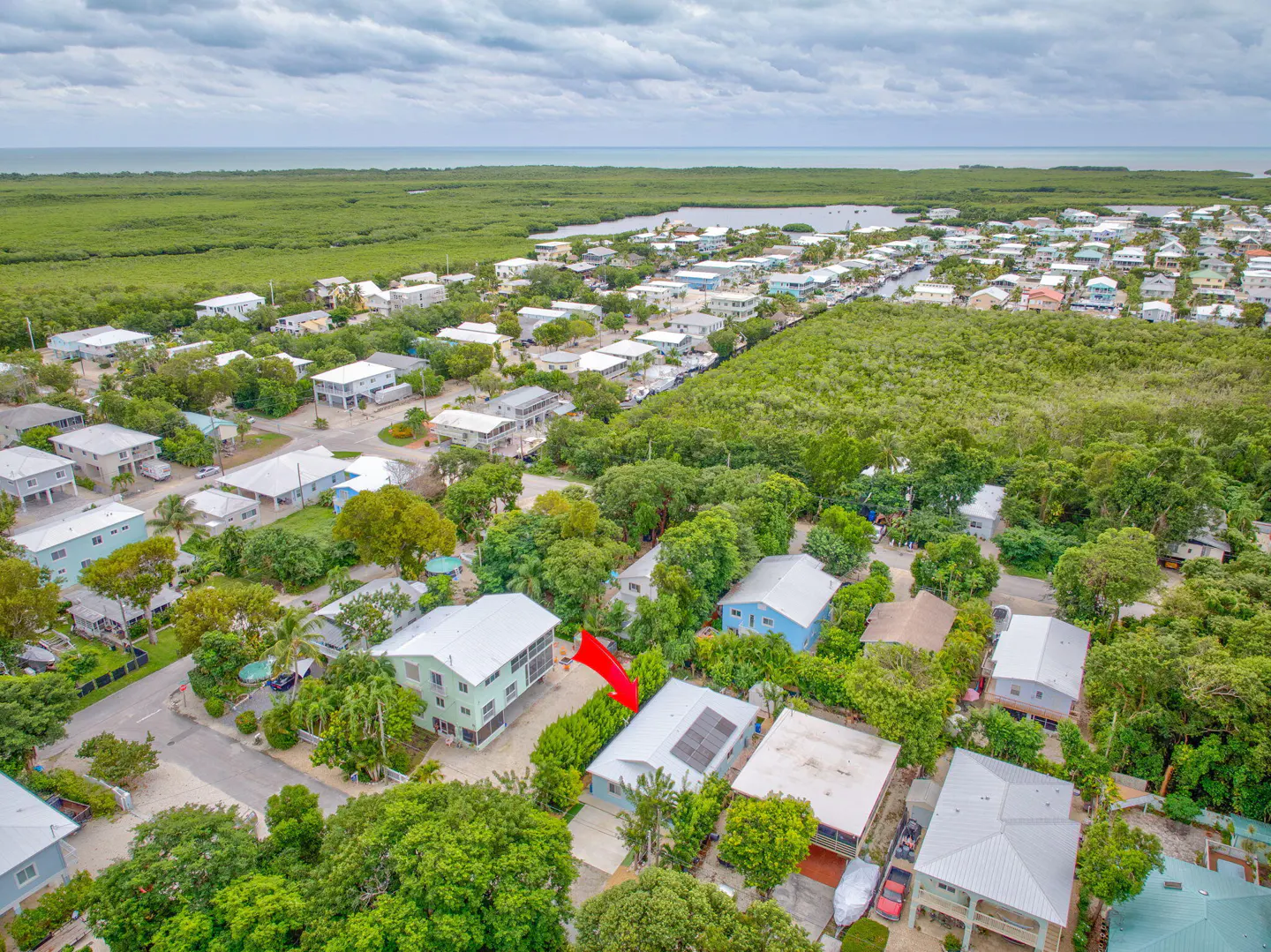 Aerial view of a coastal neighborhood with houses, trees, and a body of water in the background. A red arrow points to a house with solar panels.