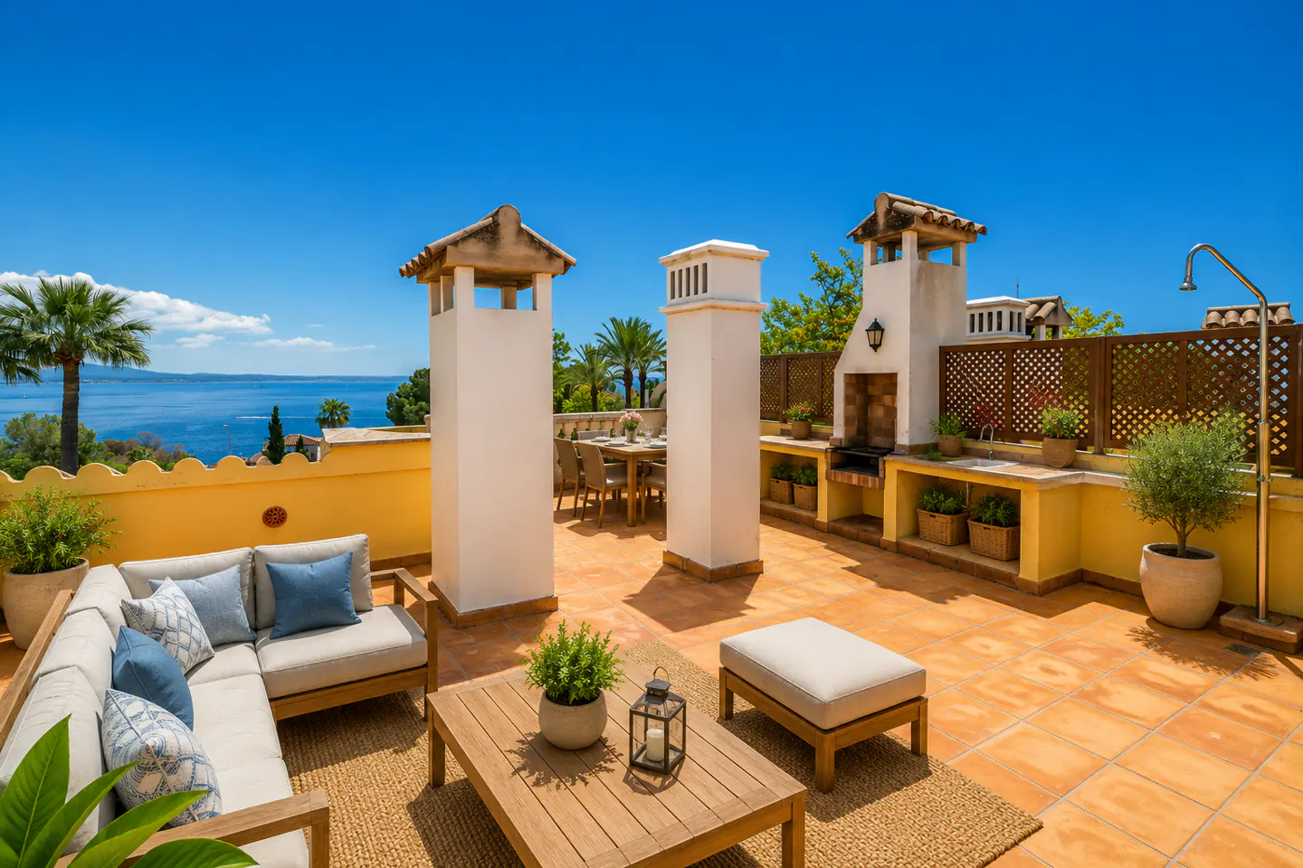 Sunny rooftop terrace with outdoor seating, a dining area, built-in barbecue, and panoramic ocean views under a blue sky.