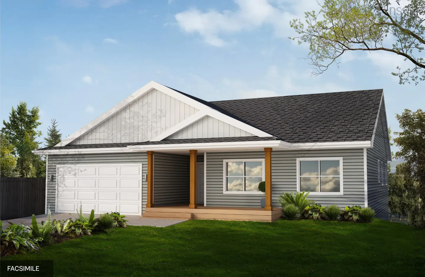 A gray, one-story house with a white garage door, a small porch, and a green lawn.