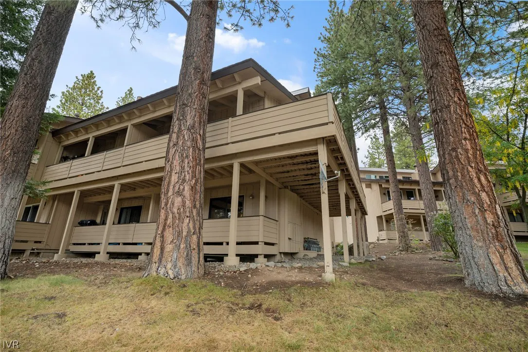 Tan multi-story condo building with wooden balconies nestled among tall pine trees on a sunny day.