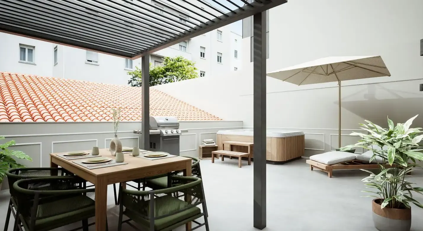 Outdoor patio with dining table, grill, hot tub, and lounge chair under a beige umbrella. A pergola covers the dining area.