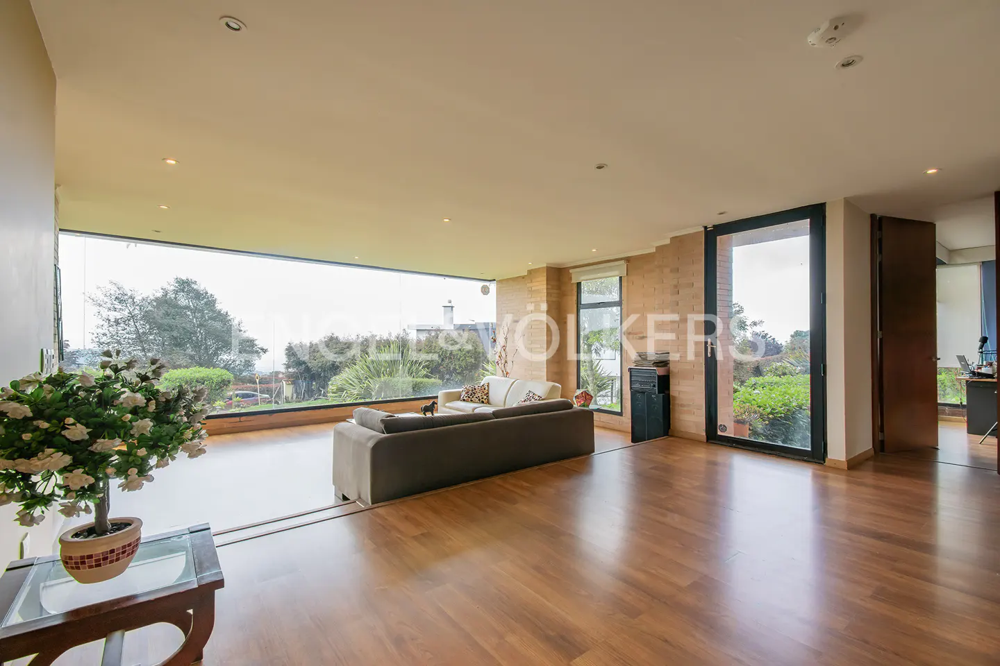 Bright living room with wood floors, a gray sofa, and a large window overlooking a green landscape. A potted plant sits on a table in the foreground.
