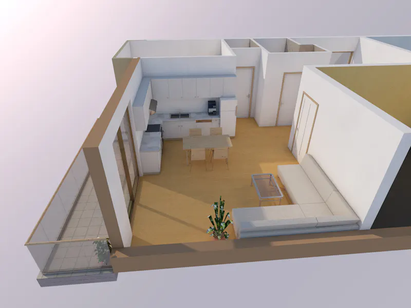 3D floor plan of an open-concept apartment with a kitchen, dining area, living room, and a balcony with light wood floors.
