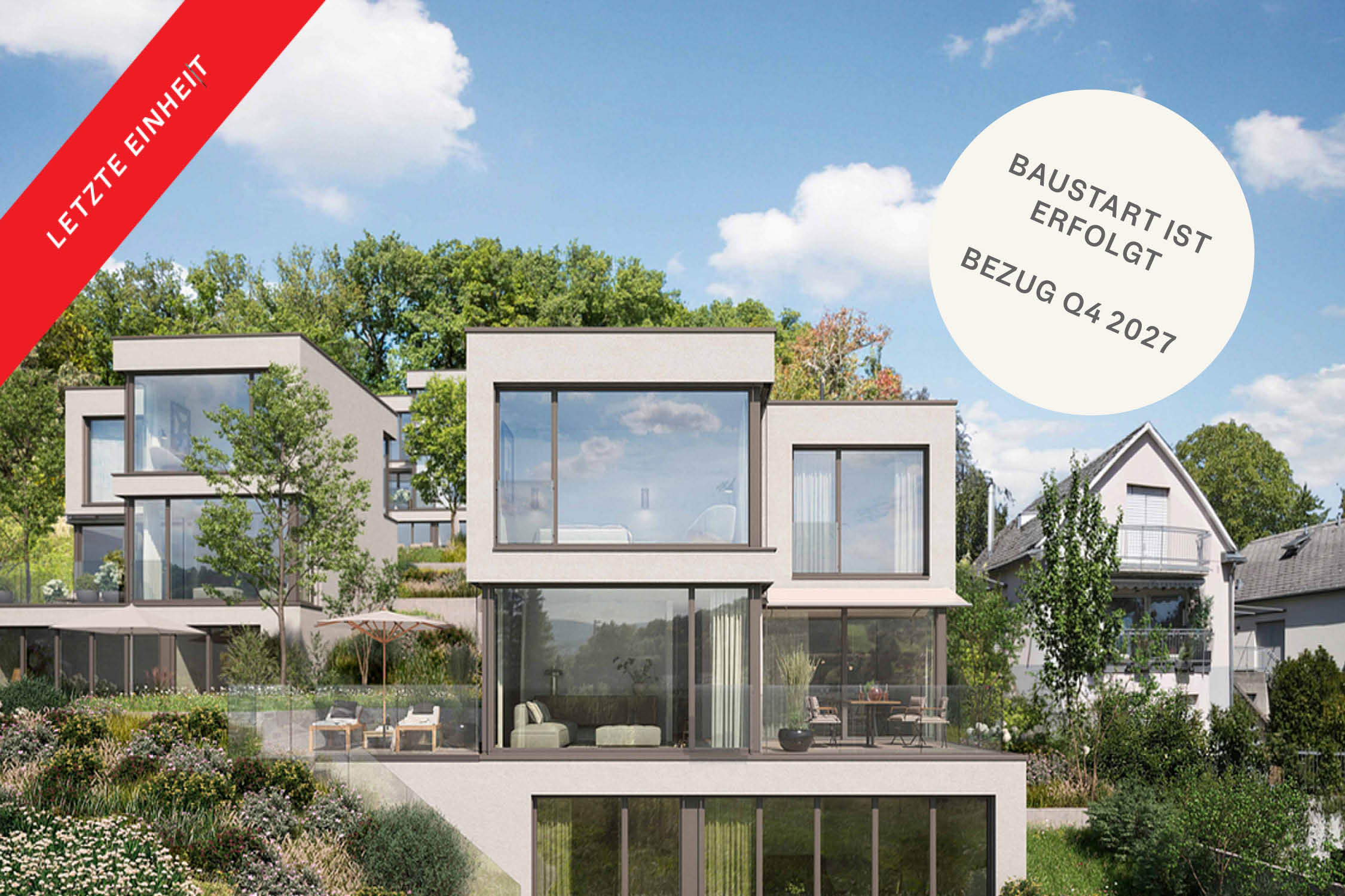 Modern multi-story apartment building with large windows, terraces, and lush landscaping under a bright blue sky. [AI-generated text]