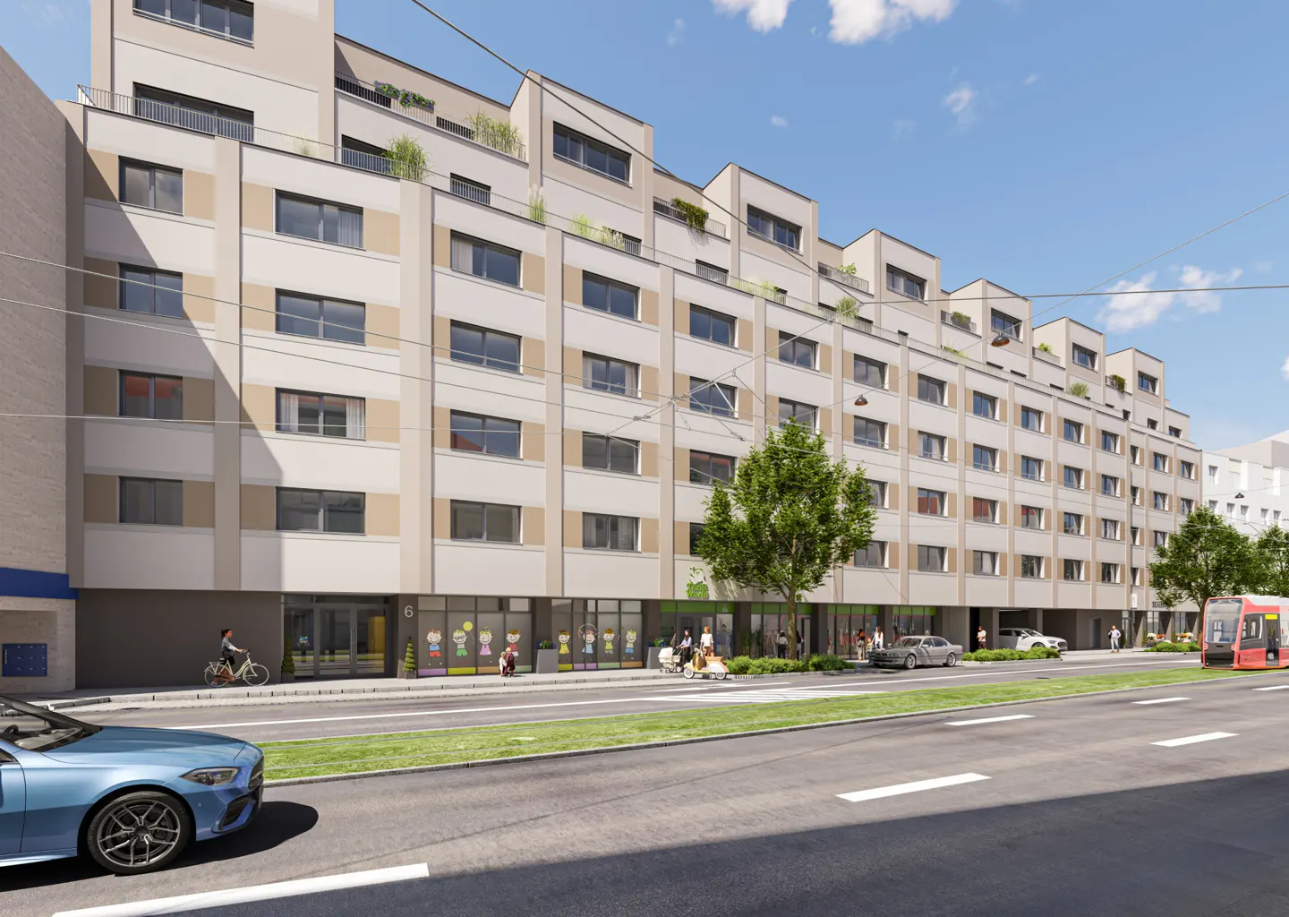 A modern, multi-story apartment building with a beige facade and dark windows, street view with cars and pedestrians.