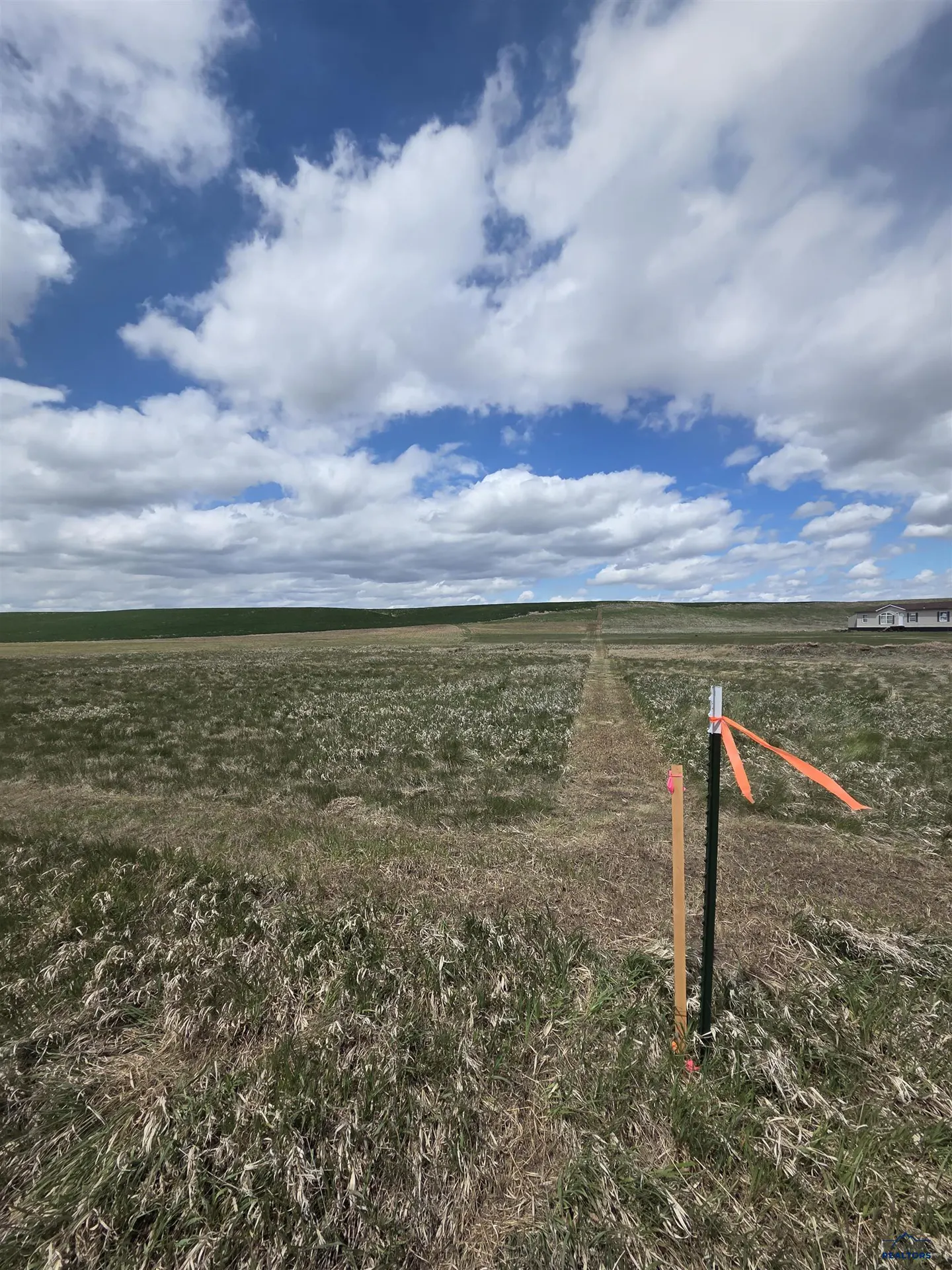 A vacant lot with a marker and orange ribbon under a blue sky with white clouds.