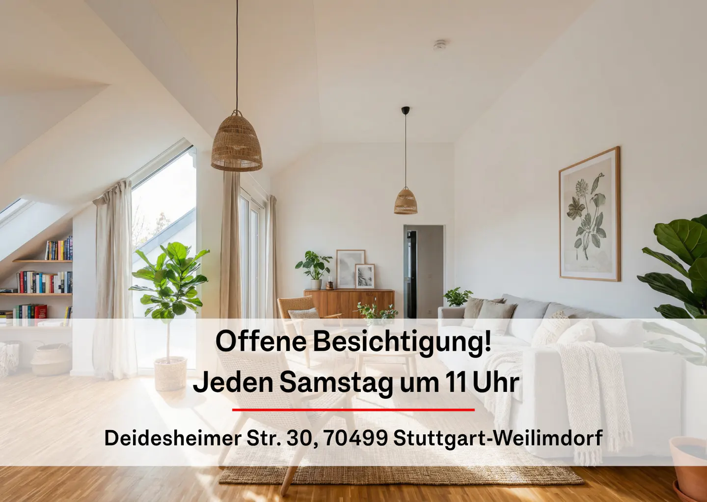 Bright, modern living room with white walls, wooden floors, a white sofa, wicker pendant lights, and indoor plants.