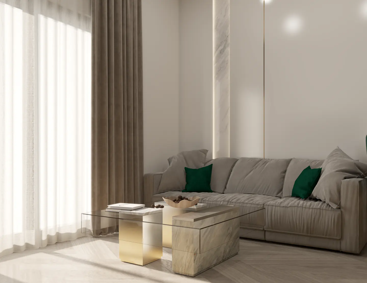 Living room with a beige sofa, green pillows, and a glass coffee table with gold accents. Curtains filter light from a window.