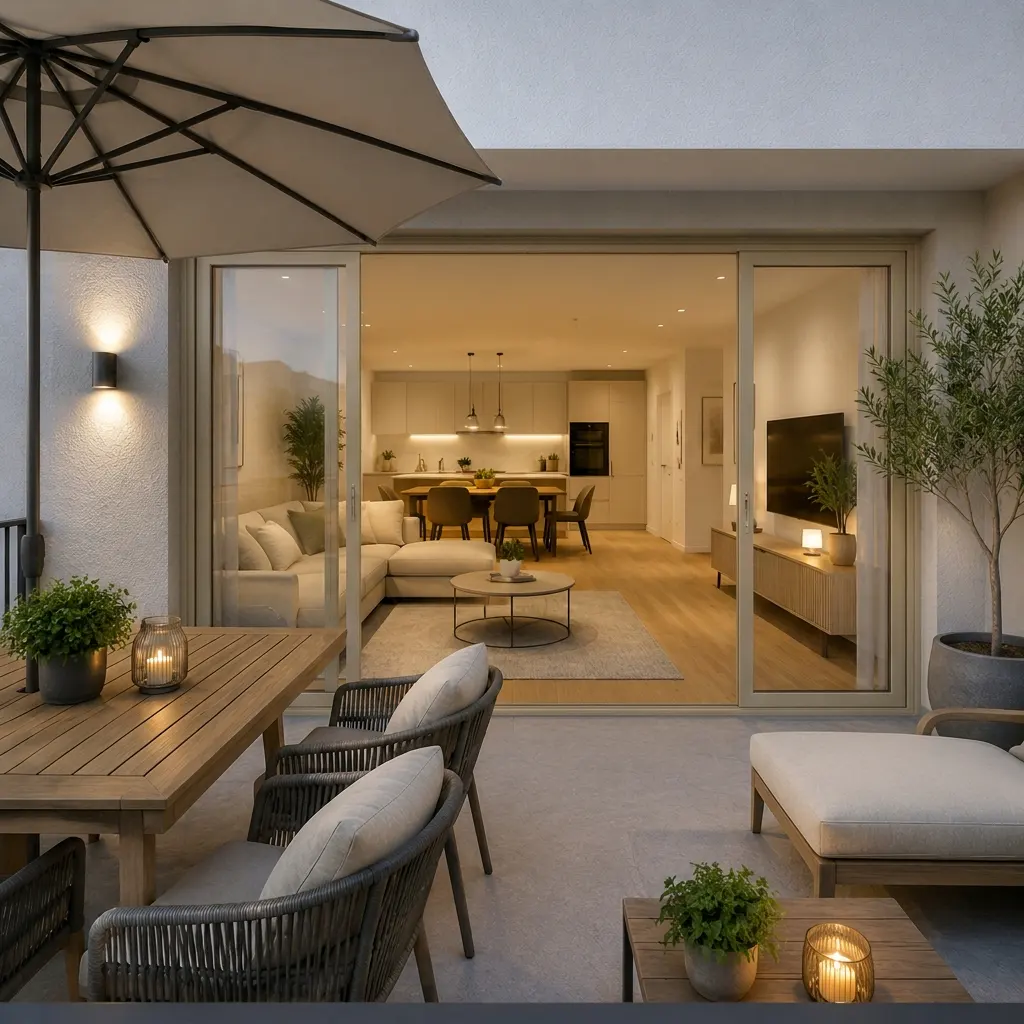 Outdoor patio with dining table, chairs, and lounge chair. Sliding glass doors open to a modern living room and kitchen.