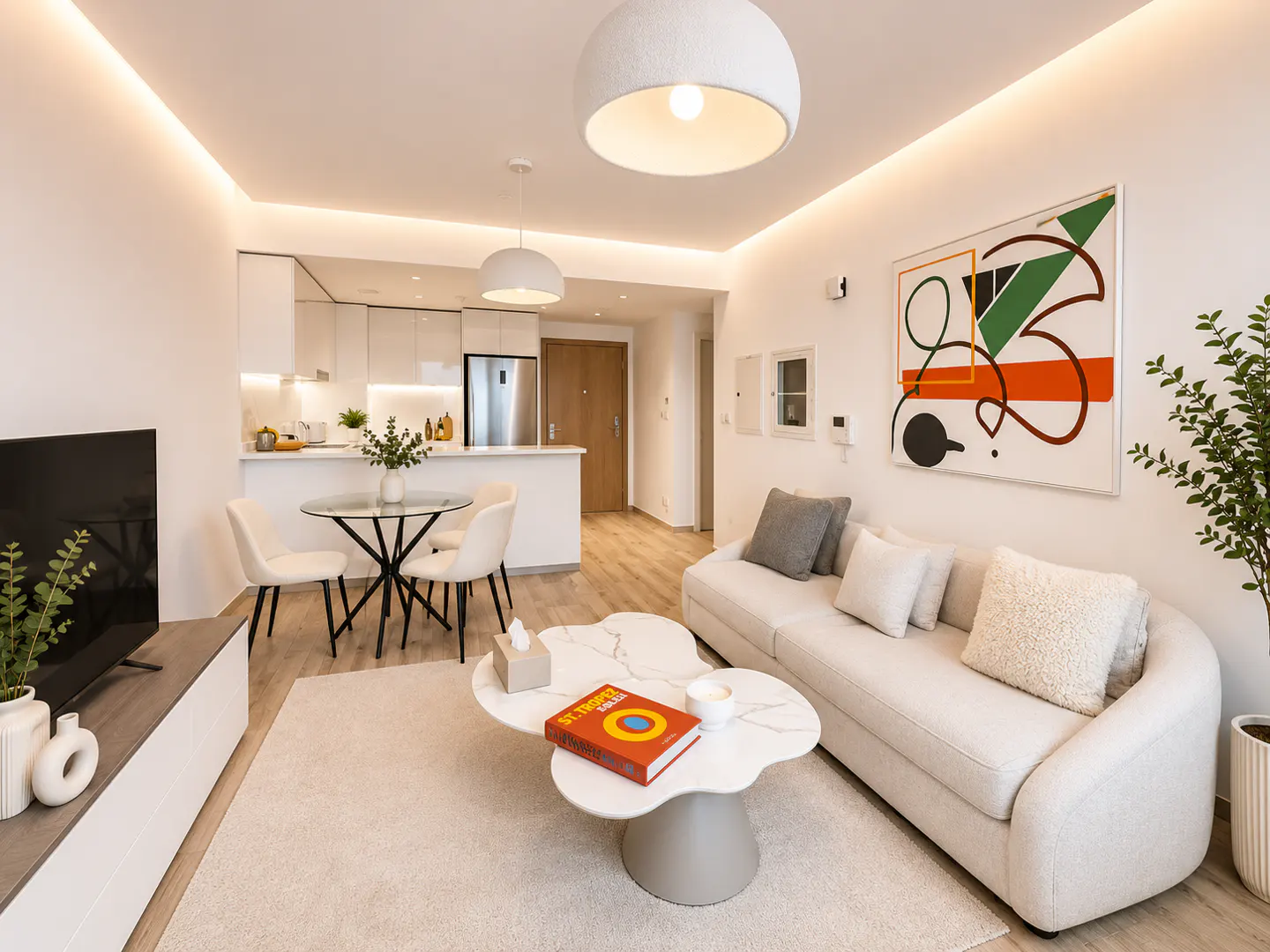 Bright, modern apartment interior with white sofa, unique coffee table, and abstract art. Open kitchen and dining area visible.