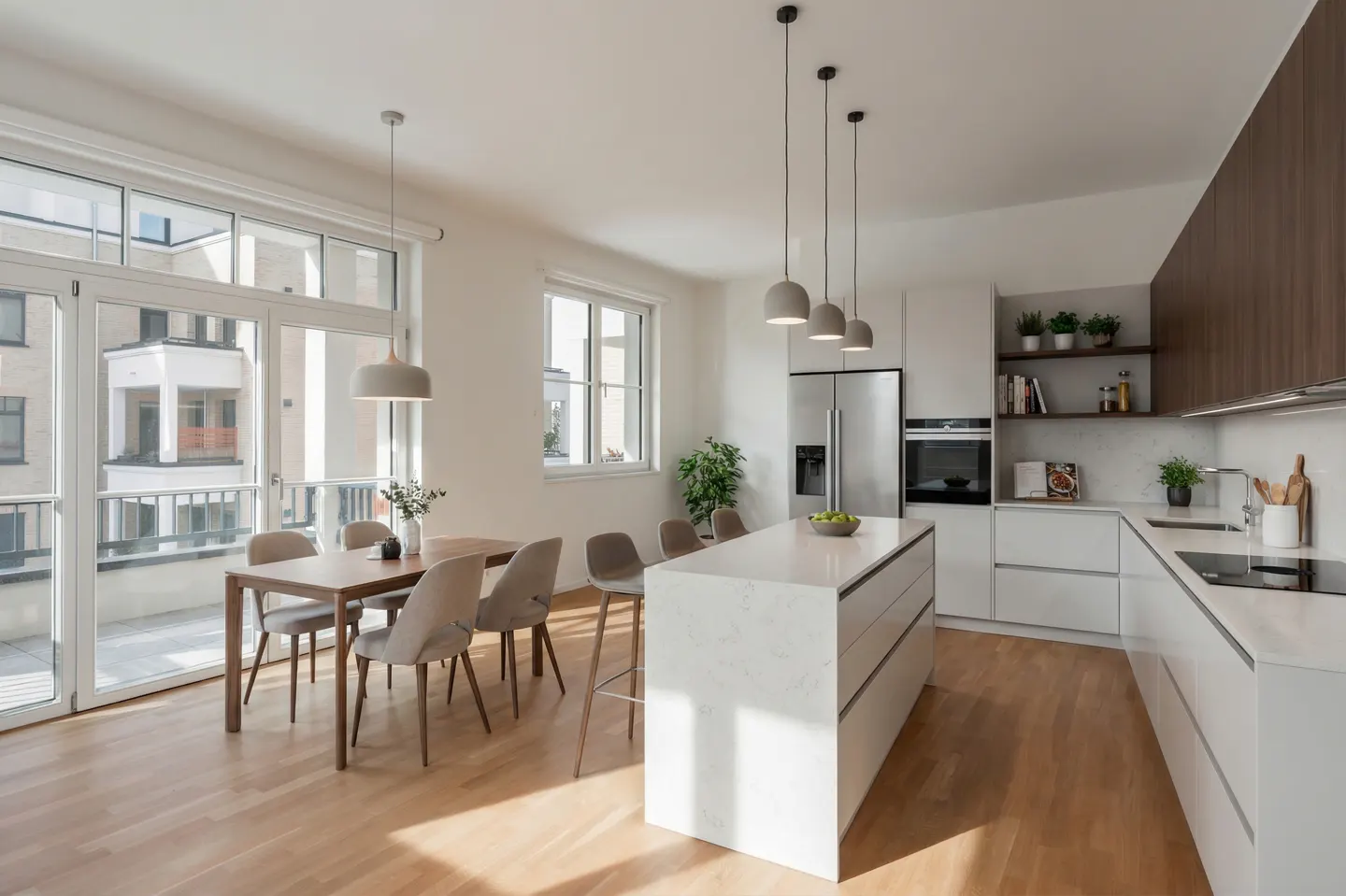 Bright, modern kitchen and dining area with white cabinets, wood floors, and large windows. A dining table with chairs is visible.