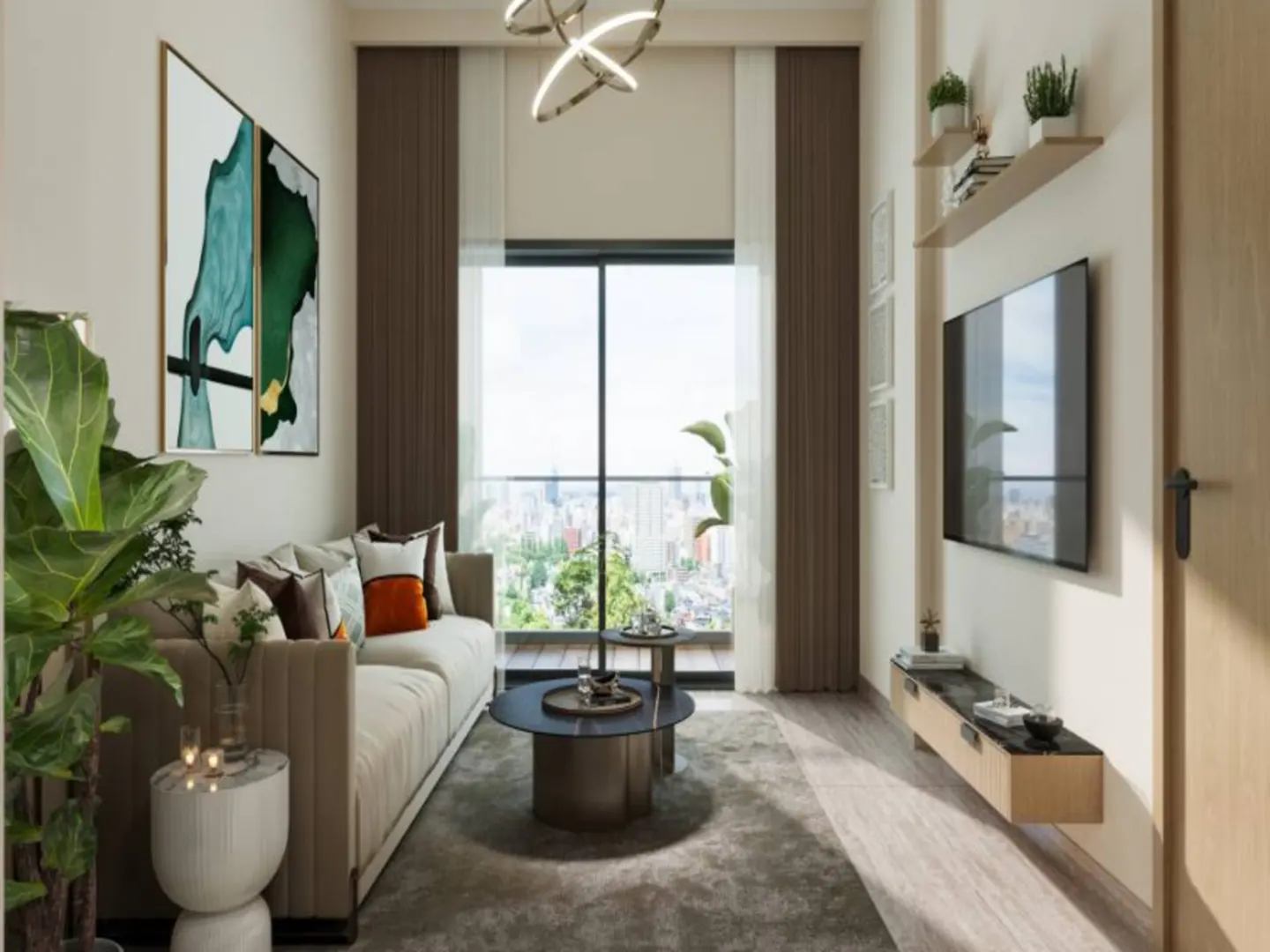 Living room with beige sofa, gray rug, and city view through large window. TV and shelves on the wall. Modern interior design.