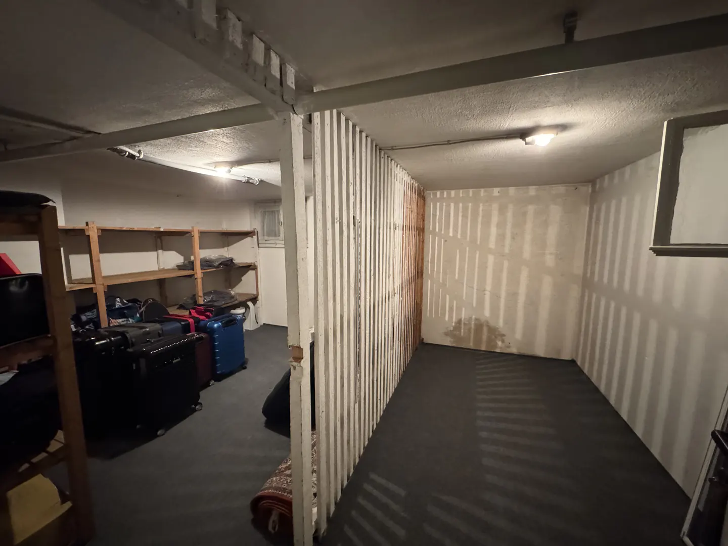 A dimly lit basement with storage shelves, suitcases, and a white slatted partition wall.