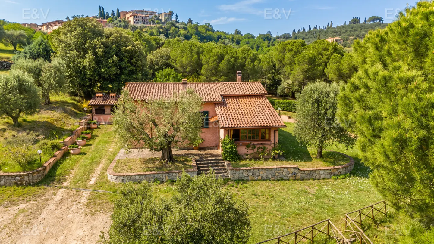 Aerial view of a pink house with a red tile roof, surrounded by green trees and grass in a rural setting.