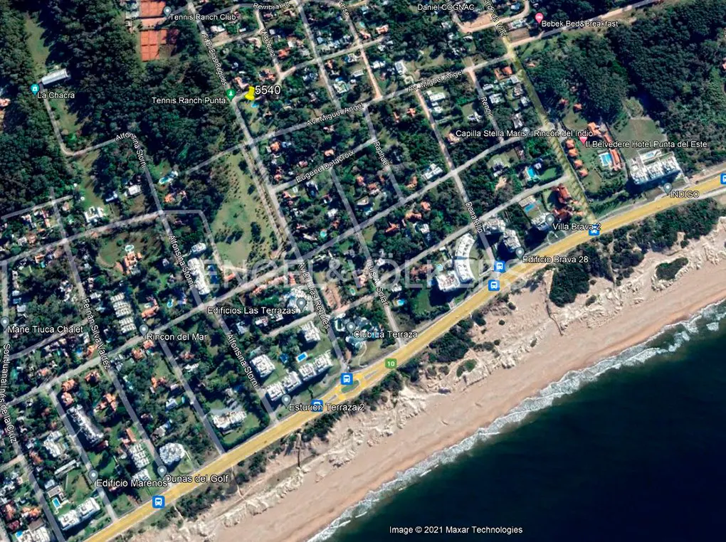Aerial view of a coastal neighborhood with houses, trees, and a sandy beach next to the ocean.