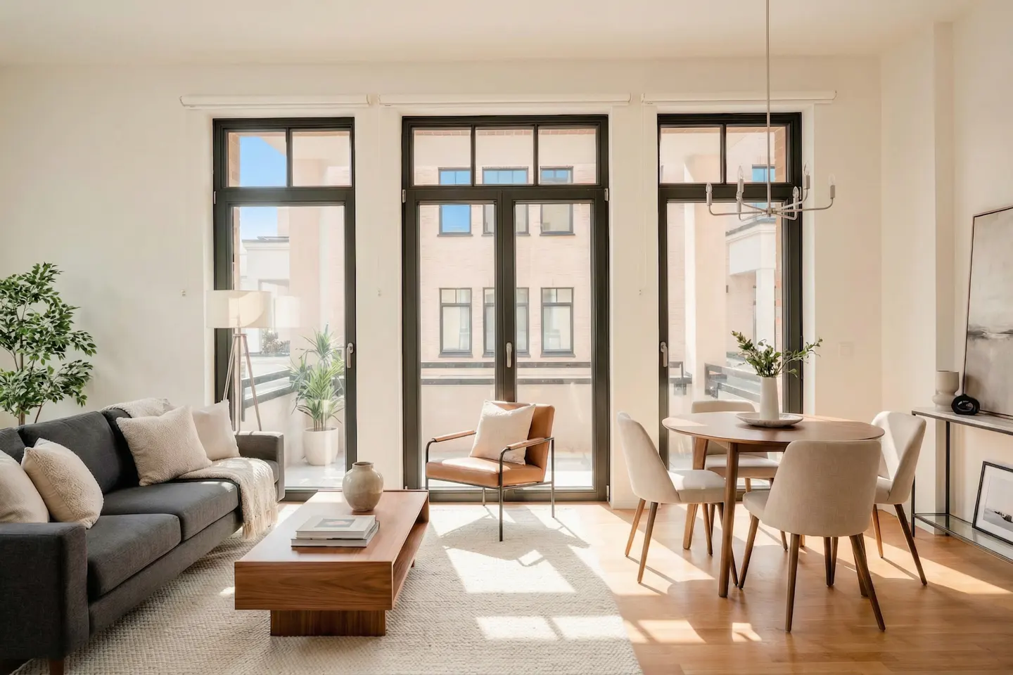 Bright living room with a gray sofa, wood coffee table, and round dining table near large windows.