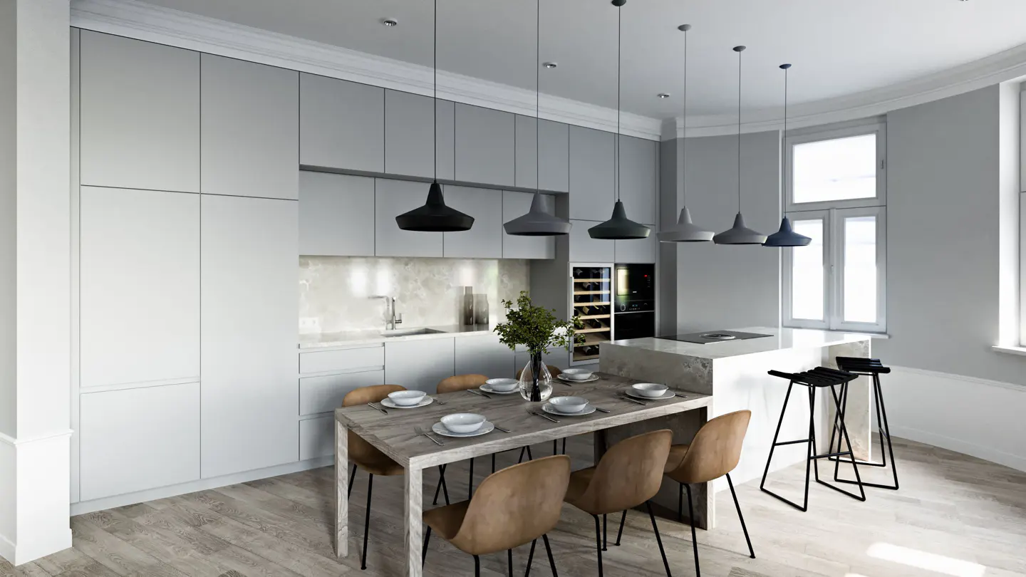 Modern kitchen with grey cabinets, a wooden dining table with tan chairs, and a marble island with black bar stools.