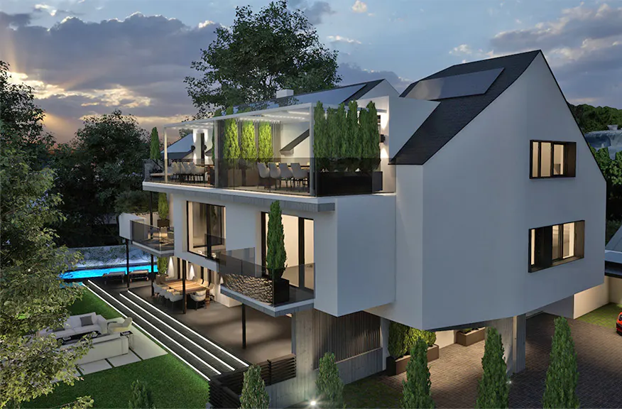 Modern white house with a rooftop terrace, pool, and landscaped yard at dusk.