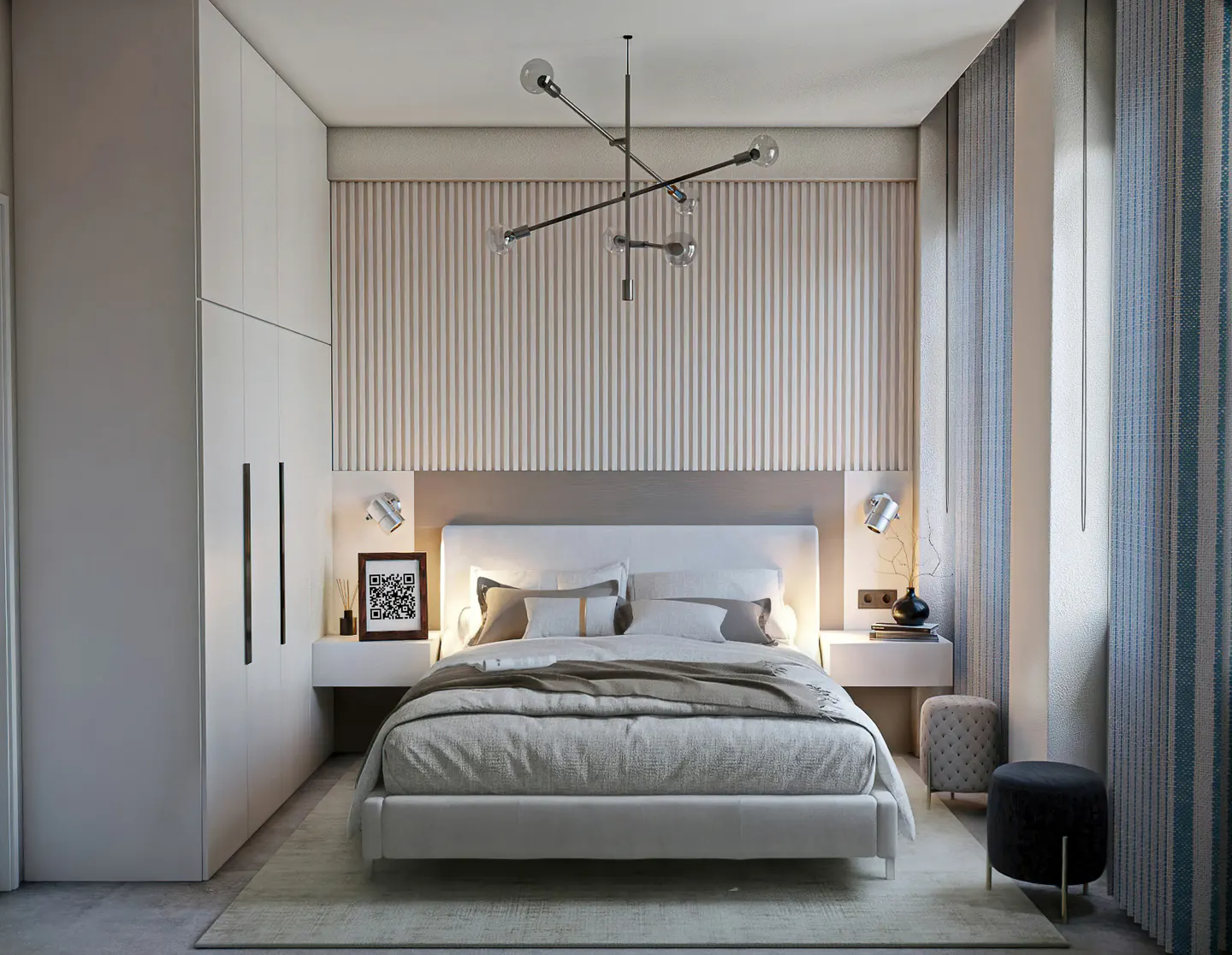 A modern bedroom with a white bed, light gray walls, and striped curtains. A unique light fixture hangs above the bed.
