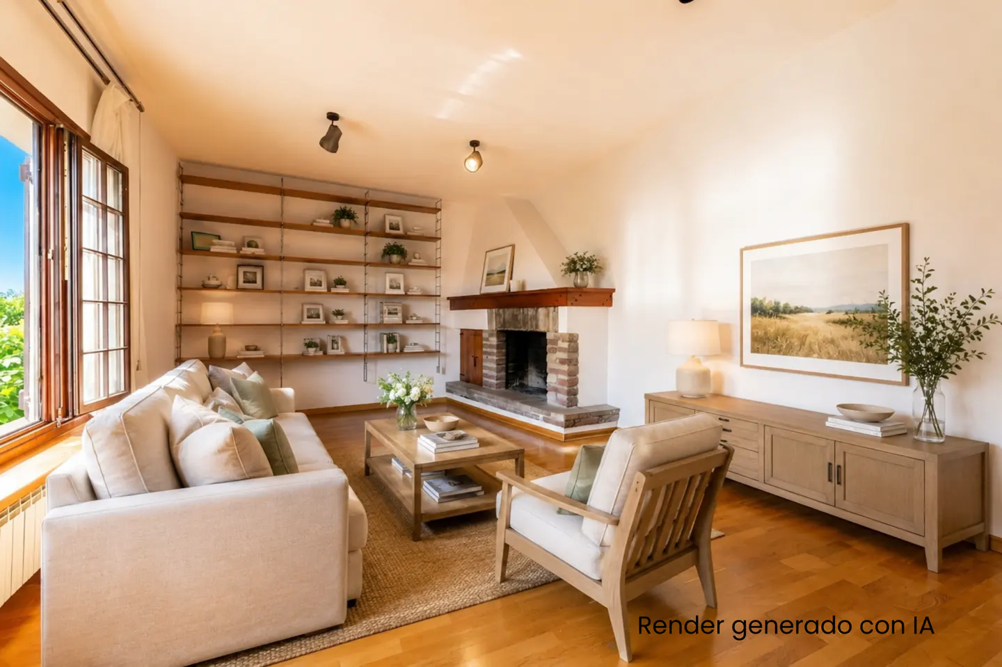 Bright living room with a white sofa, wooden chair, coffee table, and a brick fireplace. Shelves line the wall, and a large window lets in natural light.