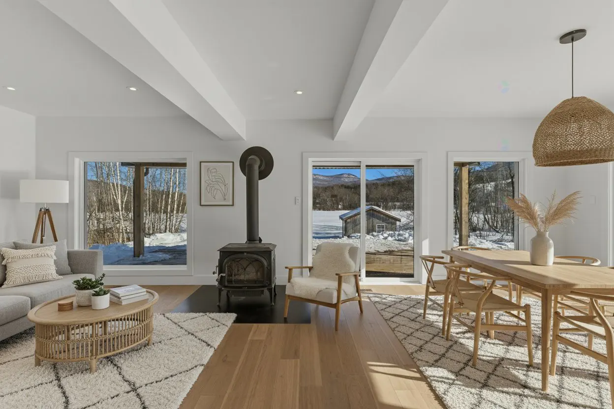 Bright living room with wood floors, white walls, and exposed beams. A wood-burning stove sits between two sliding glass doors with snowy mountain views.