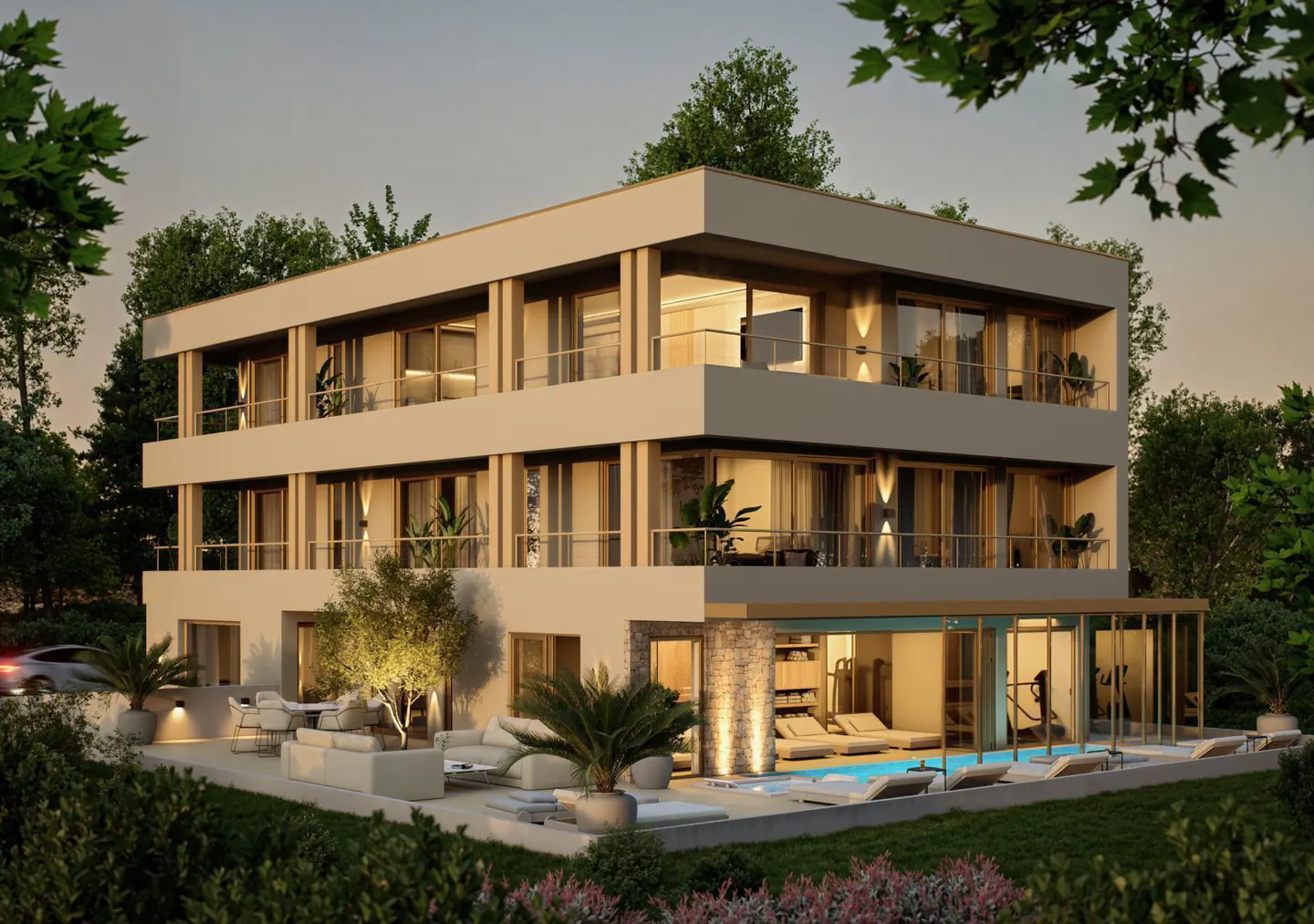 Visualisation of a residential building: south-west view showing also the communal wellness and spa area