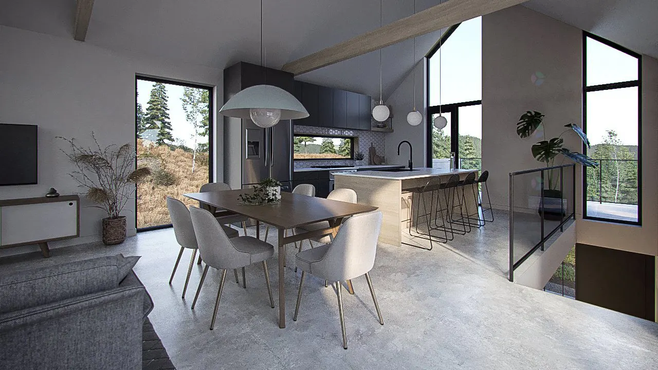 Open-concept living space with a dining table, kitchen island, and large windows showcasing a natural landscape.