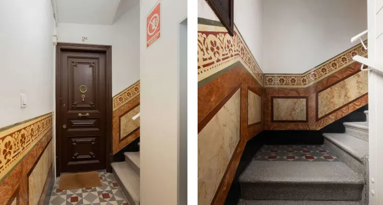 A split image shows a building's interior with a brown door, stairs, and decorative walls with floral patterns.