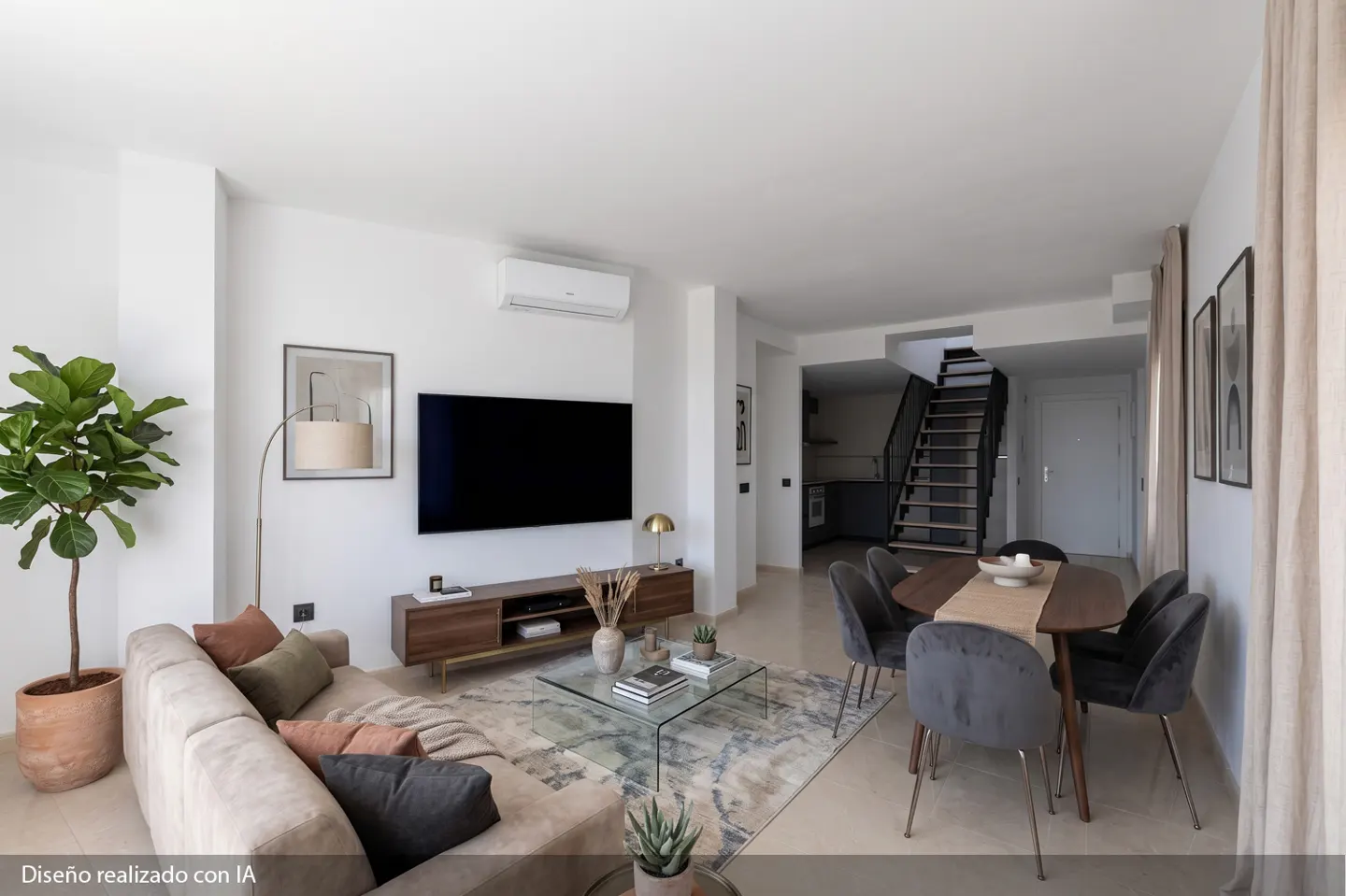 Bright living room with beige sofa, glass table, TV, and dining area with black chairs and stairs in the background.