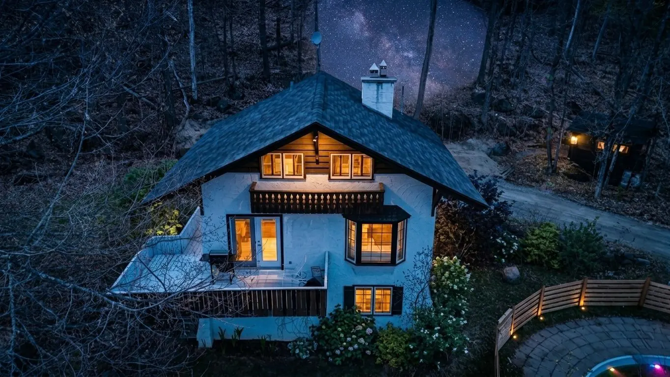 Night aerial view of a white two-story house with a dark roof, surrounded by trees and a starry sky.