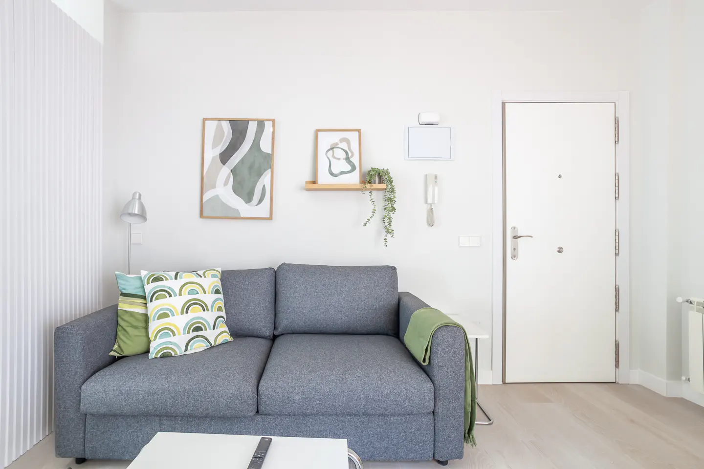 Living room with gray sofa, patterned pillows, and green throw. White walls feature abstract art, a shelf with plant, and a door.