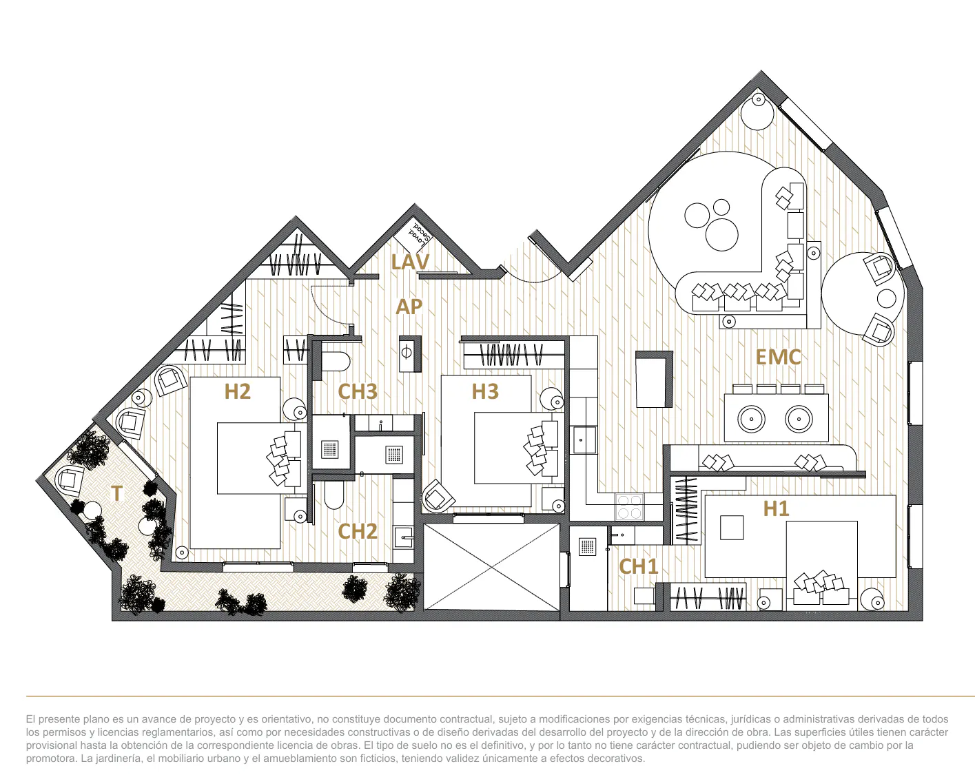 Architectural floor plan in black and white, featuring three bedrooms, living room, and terrace.