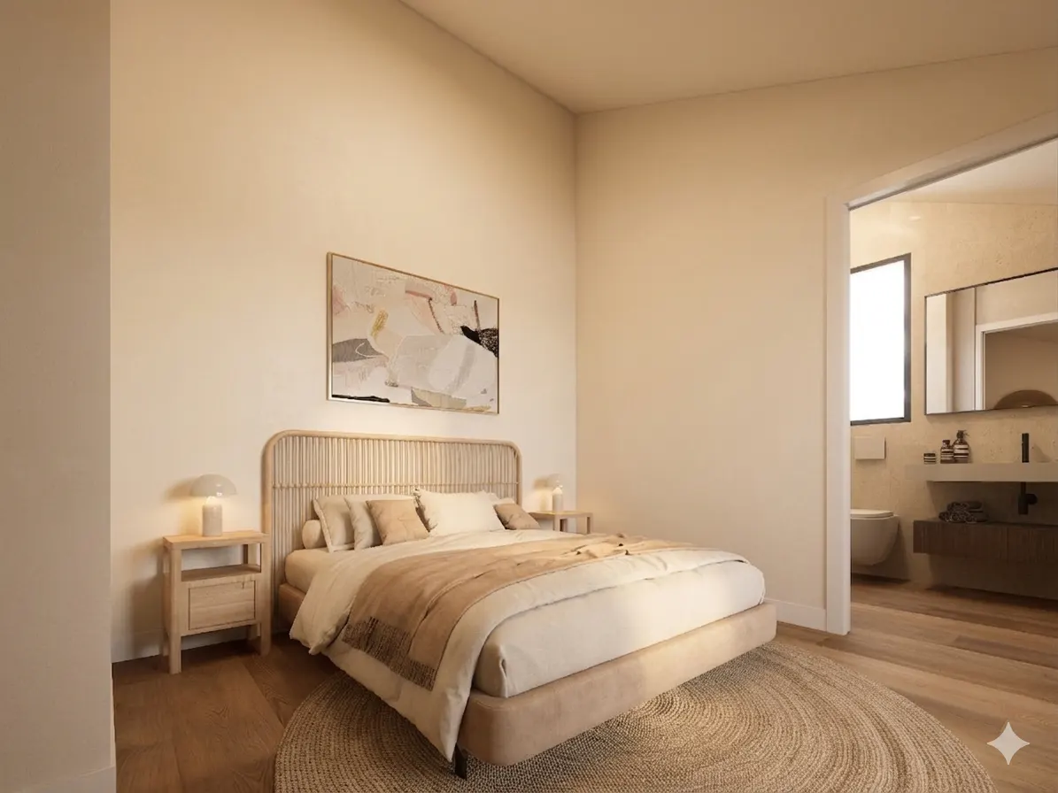 Bedroom with a woven headboard, beige bedding, and a round rug. An ensuite bathroom is visible through a doorway.