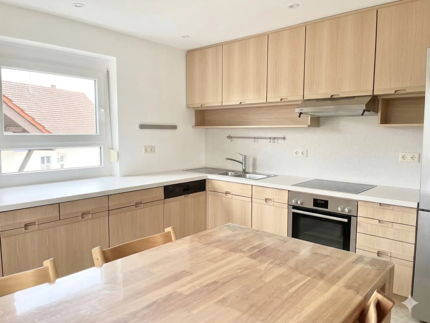 Bright kitchen with light wood cabinets, white countertops, and stainless steel appliances. A wooden table and chairs are in the foreground. A window shows a view of rooftops.