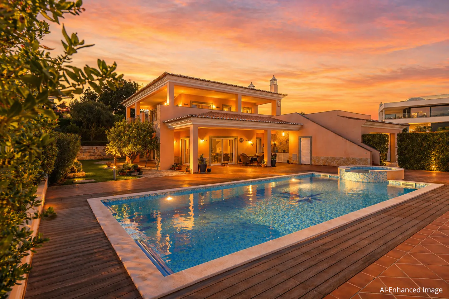 Two-story peach house with a pool at sunset. The pool has a star design and a hot tub. The deck is wood and brick.