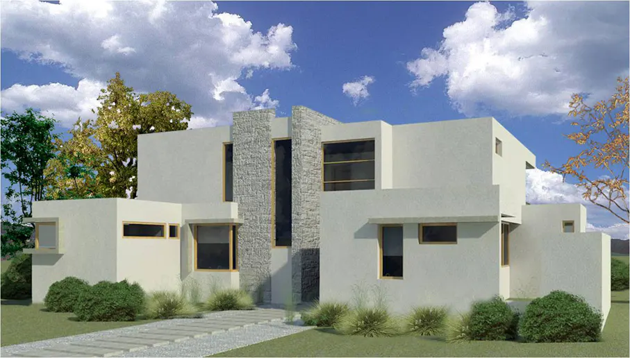 Modern white house with stone accents, green bushes, and a stone walkway under a blue sky with clouds.