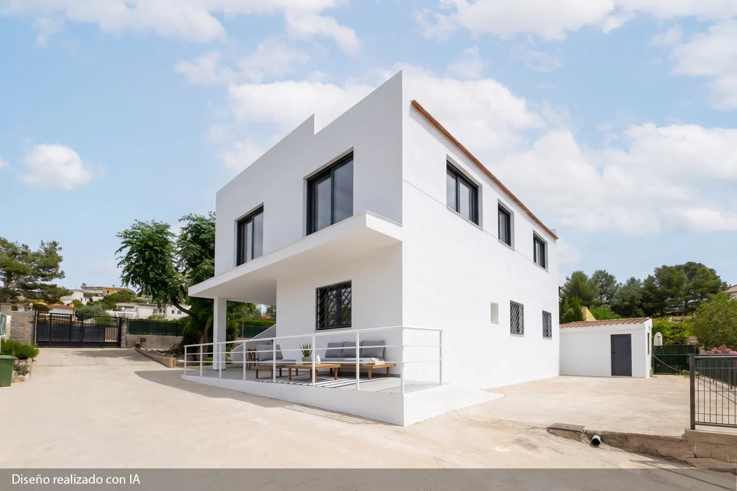 Modern white two-story house with a covered patio, outdoor seating, and a paved driveway under a blue sky with clouds.