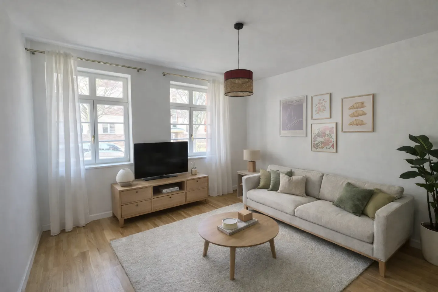 Bright living room with wood floors, white walls, and neutral furniture. A TV sits on a wooden console table, and artwork hangs above a beige sofa with green pillows.