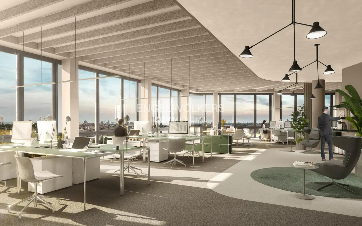 Bright, modern office space with desks, chairs, and large windows overlooking a cityscape. A man in a suit stands near a bookshelf.
