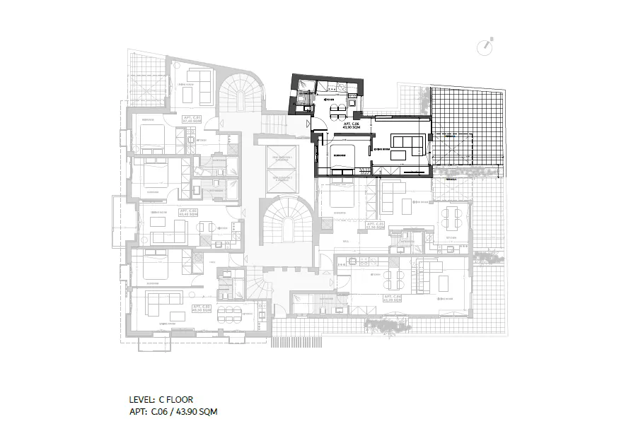 Architectural floor plan of level C, apartment C.06, 43.90 SQM, with highlighted unit. The plan includes bedrooms, living spaces, and outdoor areas.
