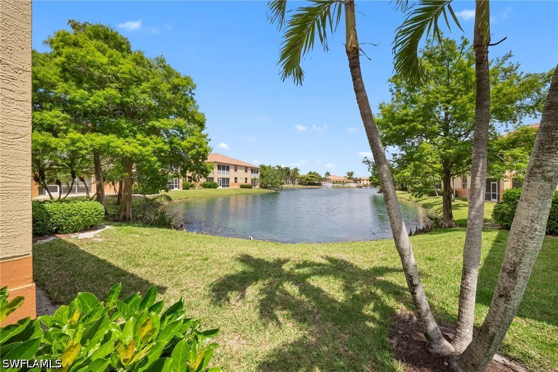 Scenic view of a tranquil lake surrounded by lush greenery and palm trees under a clear blue sky. Buildings are visible in the background.