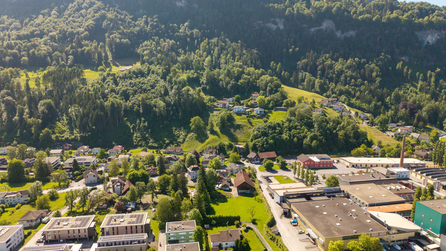 Aerial view of a town nestled in a valley with green hills and forests in the background. Buildings and trees are visible.
